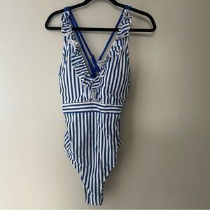 Blue and White Striped Ruffle One-Piece Swimsuit